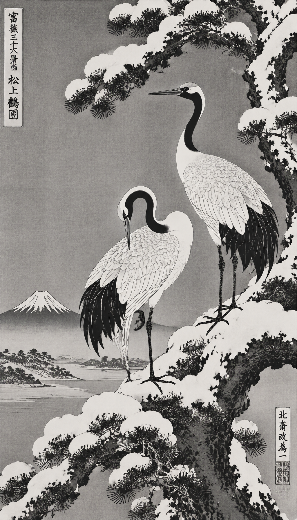 Cranes on a pine branch in a woodblock print by Katsushika Hokusai